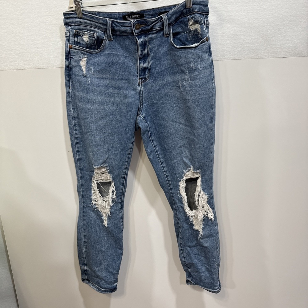 Judy Blue Jeans Womens 15/32 Boyfriend Fit Blue Stretch Distressed